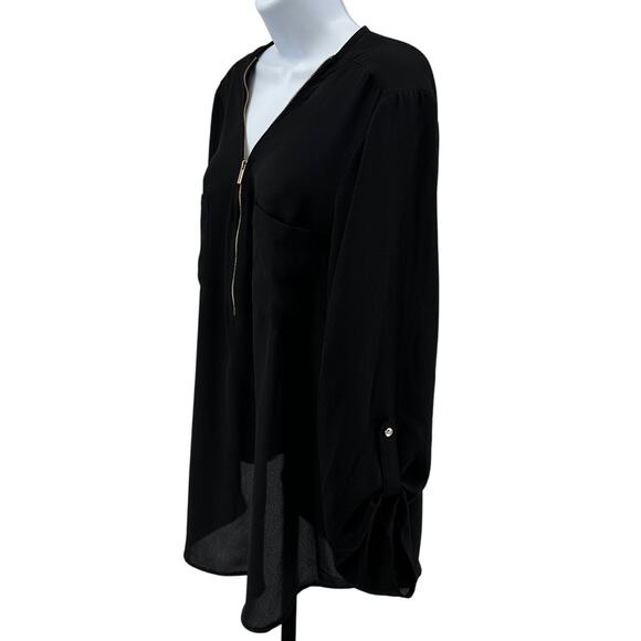 Zac & Rachel Dress Top WMNS XL Black Chiffon Roll Tab Sleeve Zip Up V-Neck - Picture 3 of 7